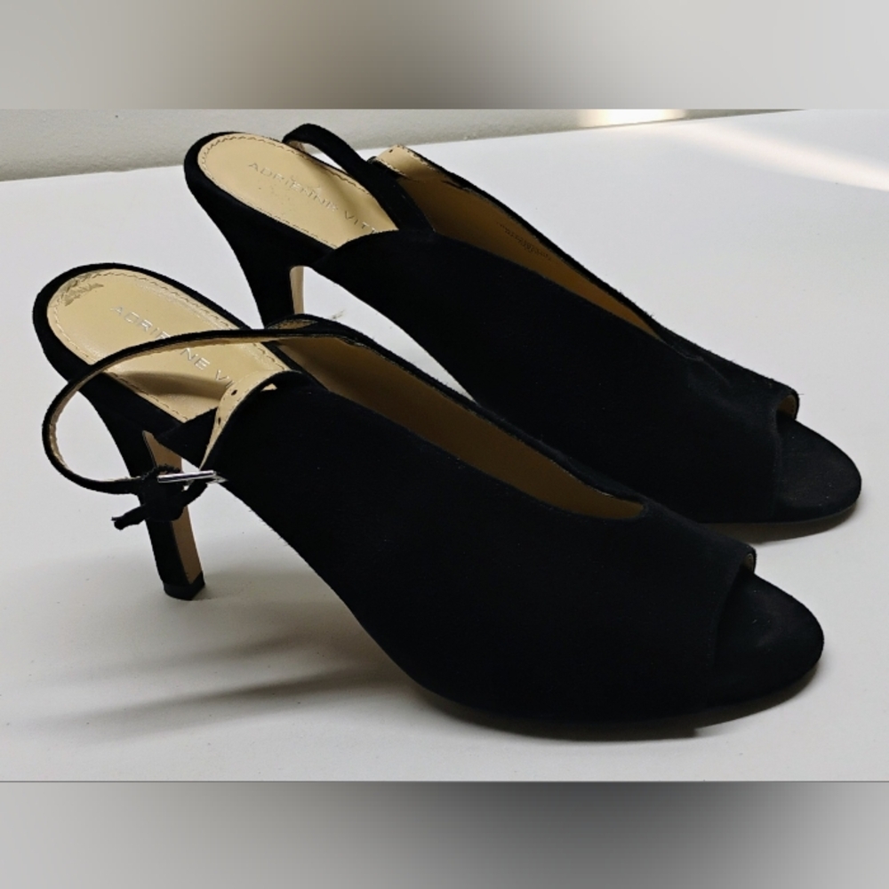 Adrienne Vittadini Black Fine Leather Heels Women's Sz 7.5 M Open Toe Strappy